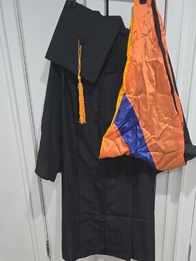 Classic Black Graduation Gown with Gold Tassel and Orange-Blue Hood